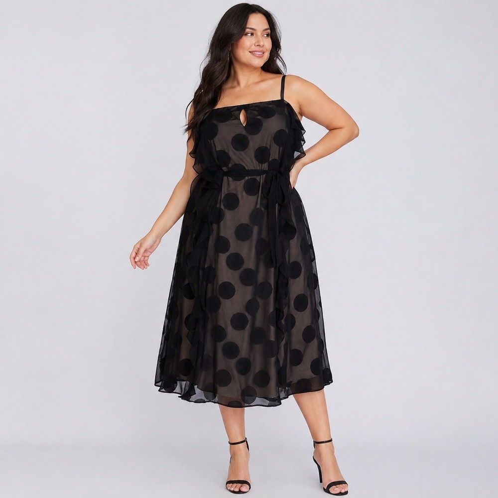 Lane Bryant Polka Dot Chiffon Midi Dress Black 22/24 Sheer‎ Ruffle Belted NWT